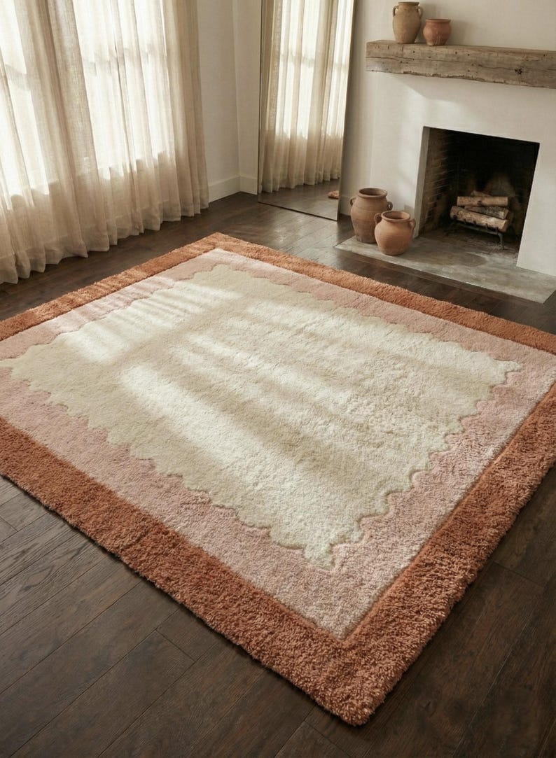 Hand Tufted Scalloped Wavy Border Rug, Beige and Terracotta Area Rug image 14