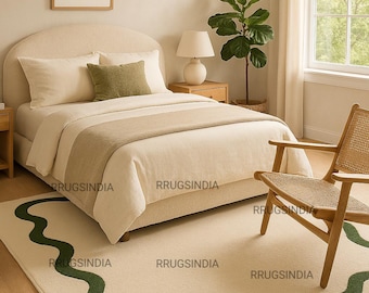 Modern Wool Rug: Cream & Green Wavy Border, Hand-Tufted