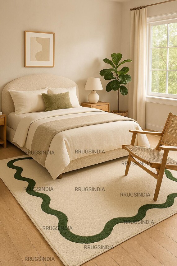 Modern Wool Rug: Cream & Green Wavy Border, Hand-Tufted