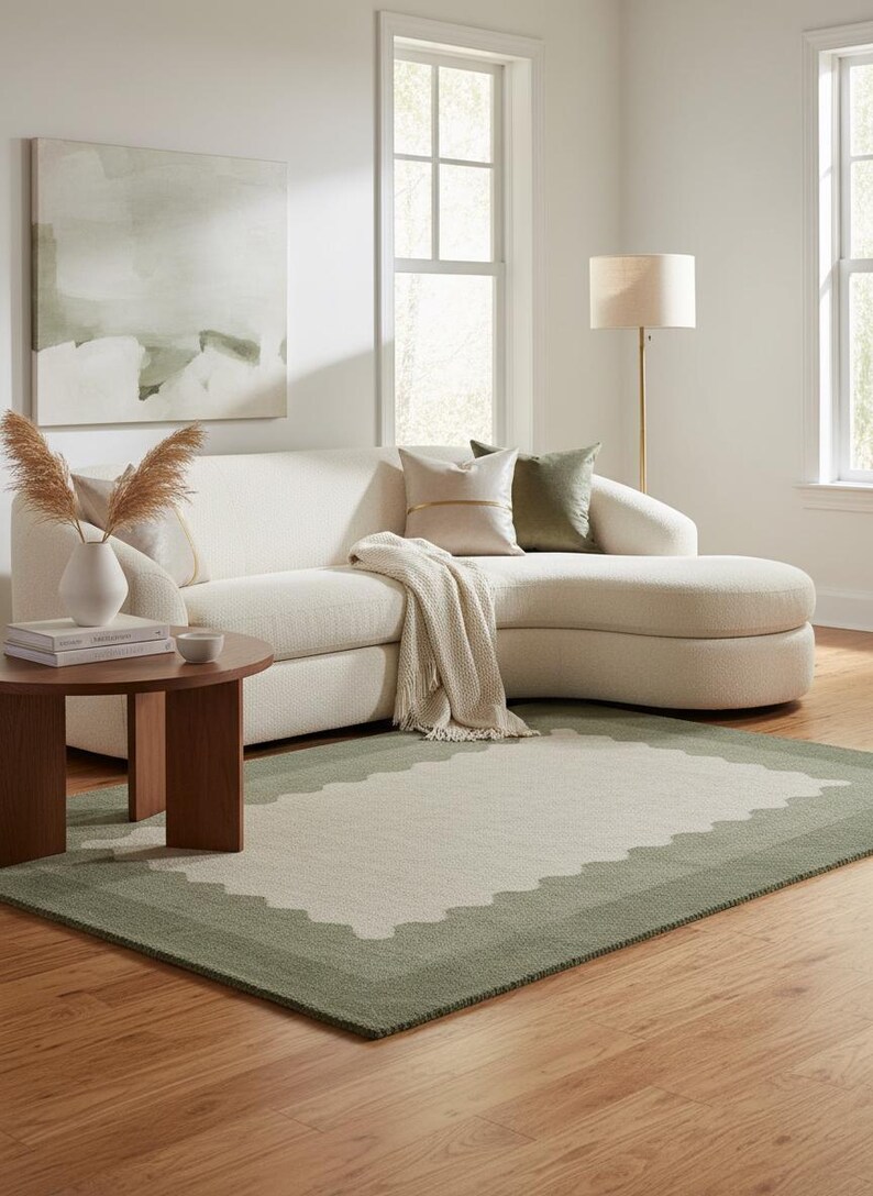 Hand Tufted Scalloped Wavy Border Rug, Beige and Terracotta Area Rug image 7