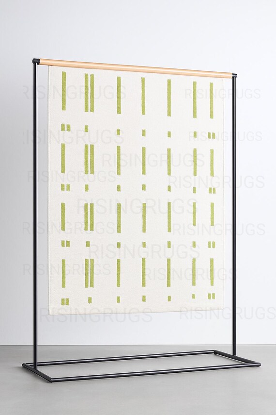 Hand-Tufted Wool Rug: Ivory with Green Geometric Accents