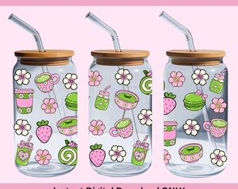 Bebida de matcha Preppy Coquette, lata de vidrio de 16 oz, envoltura para vaso PNG, descarga digital instantánea, para impresión UV DTF, diseño de taza estético