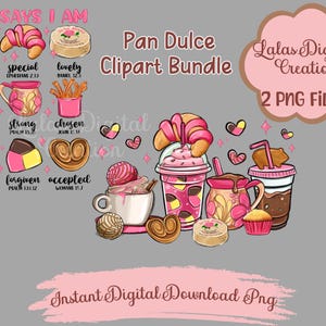 May include: A digital clipart bundle featuring illustrations of Pan Dulce, a traditional Mexican sweet bread, with inspirational quotes and scripture verses. The clipart includes images of a variety of Pan Dulce, including conchas,  and a variety of beverages, including coffee and milk. The clipart is perfect for creating digital designs, such as invitations, cards, and social media graphics.