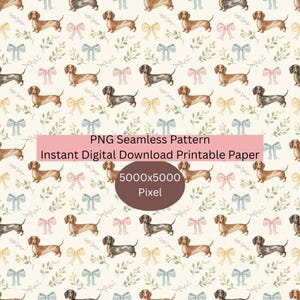 May include: A seamless pattern featuring dachshund dogs in various shades of brown and gray, interspersed with pastel bows and sprigs of leaves. The text "PNG Seamless Pattern" and other details are displayed on a pink banner.