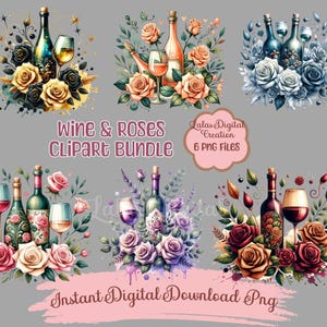 Pacote de garrafas de vinho florais aquarela clipart digital download PNG-sublimação de aquarela PNG clipart-adesivo de diário de lixo de scrapbooking PNG
