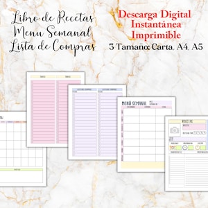 Libro de Recetas Formato PDF Descarga Digital Instantanea Imprimible | Recetario | Journal de Recetas | Menu Sémanal | Liste de Compras