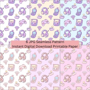 May include: A digital paper design featuring repeating patterns of cute gaming-themed illustrations. The design includes headphones, game consoles, controllers, and Wi-Fi symbols in pastel colors. The text on the image reads "6 JPG Seamless Pattern Instant Digital Download Printable Paper."