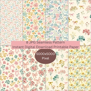 May include: Eight seamless digital patterns featuring floral and bow designs in pastel colors. The patterns include pink, blue, yellow, and green flowers with bows on a cream background. Text reads "8 JPG Seamless Pattern Instant Digital Download Printable Paper 5000x5000 Pixel".