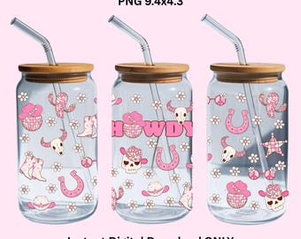 Envoltura para vaso de vidrio de 16 oz con diseño de Howdy Western rosa, descarga digital instantánea PNG, para impresión UV DTF, diseño estético para vaso.