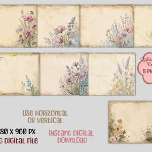 Pacote de papel digital com flores silvestres vintage, fundo, textura de mármore para scrapbook, papel digital, capa de diário, pacote de papel