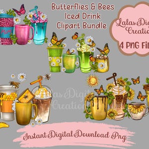 May include: A digital clipart bundle of 4 iced drink illustrations featuring butterflies, bees, and honeycombs. The drinks include a milkshake, a coffee, a smoothie, and a honey-themed drink. The clipart is perfect for creating digital designs, invitations, and other projects.