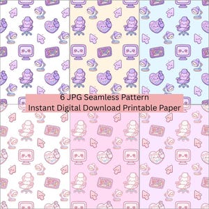 May include: A digital download featuring six seamless patterns with a kawaii theme. Each pattern showcases repeating illustrations of a computer chair, keyboard, heart, desk lamp, computer monitor, and a cursor on a pastel background. The text reads "6 JPG Seamless Pattern Instant Digital Download Printable Paper."