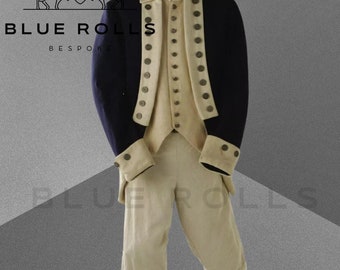 George Washington Uniform - Marineblaue Reverswolle, Mantel der Kontinentalen Armee - Benutzerdefinierte Größe, Komplettset| Blaue Rollen nach Maß