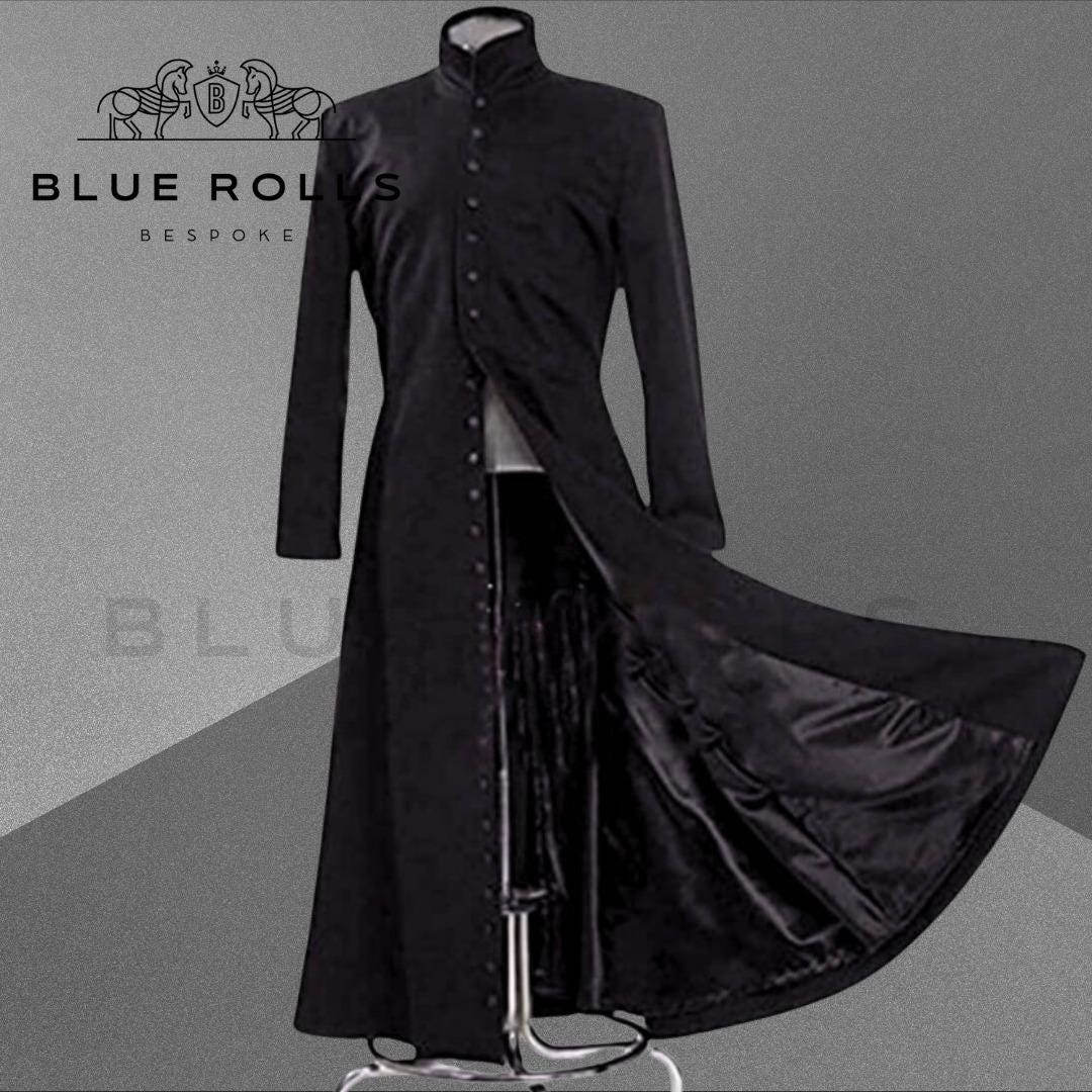 thumbnail image 2 of Men's Matrix Neo Cotton Trench Coat - Black, Long Gothic Style Jacket (Keanu Reeves Inspired) 2 of 4