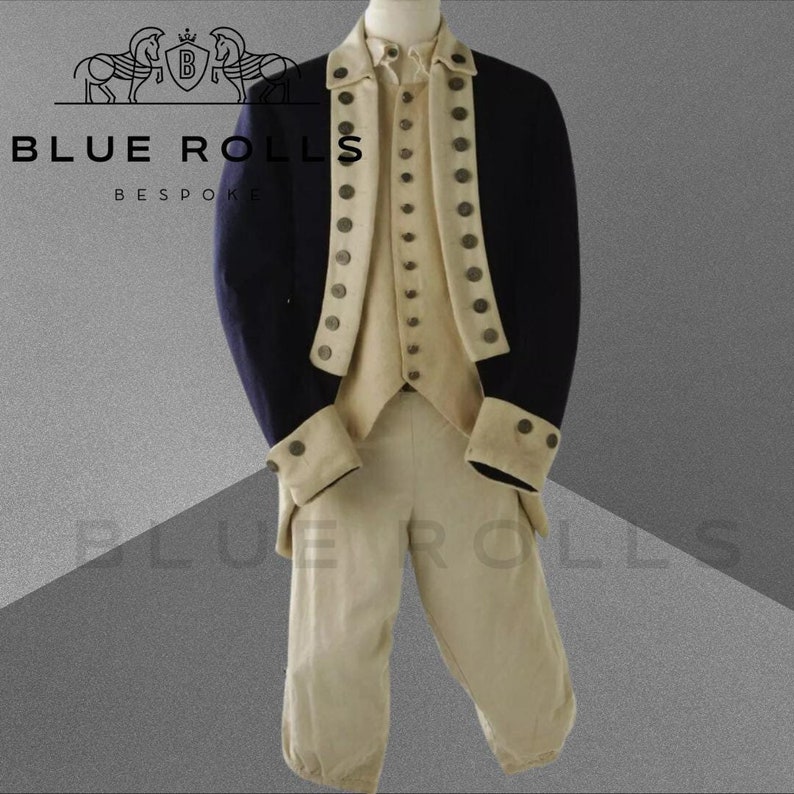 George Washington Uniform - Navy Blue Lapel Wool, Continental Army Coat - Custom Size, Complete Se