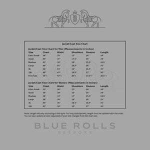 May include: A size chart for jackets and coats, with measurements in inches for both men and women. The chart includes sizes from extra small to 2XL, with measurements for chest, waist, shoulders, sleeves, and length.