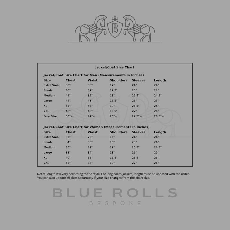 May include: A size chart for jackets and coats, with measurements in inches for both men and women. The chart includes sizes from extra small to 2XL, with measurements for chest, waist, shoulders, sleeves, and length.