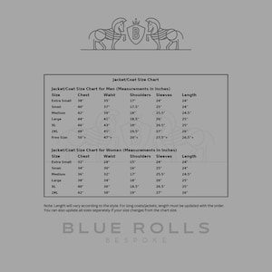 May include: A size chart for jackets and coats, with measurements in inches for both men and women. The chart includes sizes from extra small to 2XL, with measurements for chest, waist, shoulders, sleeves, and length.