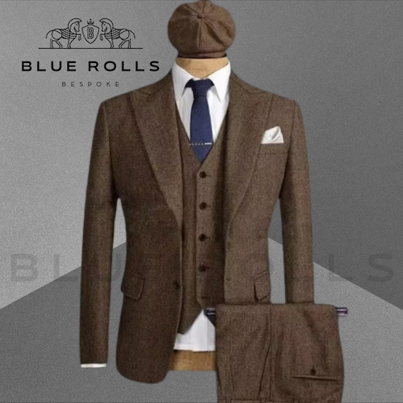 Herren 3 Teilig Anzug Wolle Tweed Fischgrät Tan Braun Blau