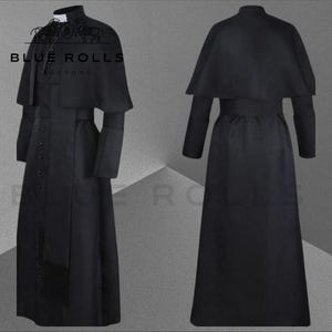 May include: A black cassock with a cape collar and a long, flowing skirt. The cassock has a row of buttons down the front and a belt around the waist. The text "BLUE ROLLS BESPOKE" is visible on the front of the cassock.