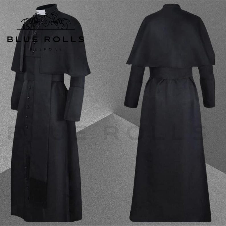 May include: A black cassock with a cape collar and a long, flowing skirt. The cassock has a row of buttons down the front and a belt around the waist. The text "BLUE ROLLS BESPOKE" is visible on the front of the cassock.