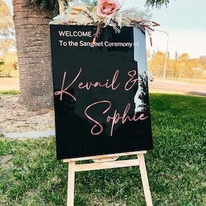 Custom Acrylic Wedding Welcome Sign: Black 3D Lettering, Sangeet Ceremony