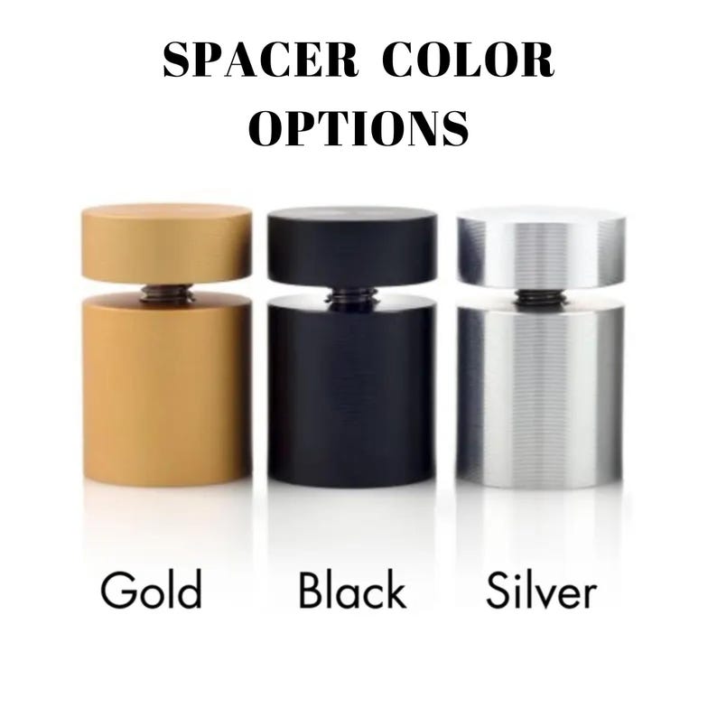 May include: Image showing three cylindrical spacers in gold, black, and silver. The text at the top reads "SPACER COLOR OPTIONS." Below each spacer is the color name: "Gold," "Black," and "Silver."