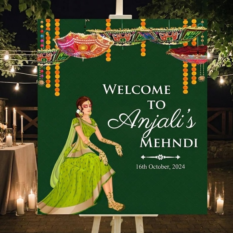 May include: A green welcome sign for Anjali's Mehndi, featuring a decorative illustration of a woman in a green outfit. The sign includes the date, October 16th, 2024, and decorative hanging umbrellas.