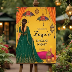 Op de afbeelding: Decoratief bord op een houten ezel met de tekst "Welcome to Zoya's Dholki Night 12.08.25". Het bord toont een illustratie van een vrouw in een groene jurk, met hangende lantaarns en paraplu's op een gele achtergrond.