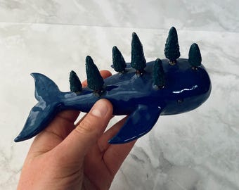 Small Ceramic Whale | Fantasy | Whimsical | Whale with Village | Handmade | Sculpture