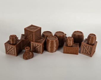 Kisten und Fässer D&D Terrain | 28 mm-32 mm Skala, 8-teiliges PLA-Set