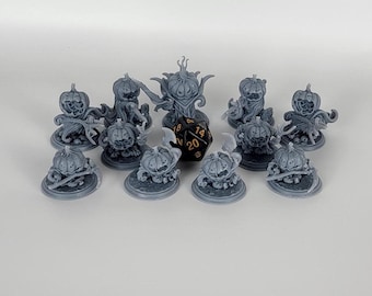 May include: A set of 10 gray painted pumpkin figurines, each with a unique design and a black and gold 20-sided die in the center.