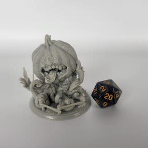 May include: A gray, 3D-printed miniature of a monster with a pumpkin-like head, open mouth, and tentacles. A black and gold twenty-sided die is next to the miniature. The miniature is on a round base with a fence.