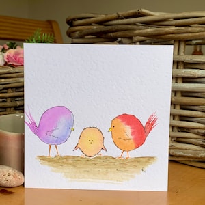 Gepersonaliseerde, op bestelling gemaakte, handgemaakte (niet gedrukte) aquarelkaart. Geschikt voor geboorte, pasgeboren baby, adoptie, eerste verjaardag en gezin