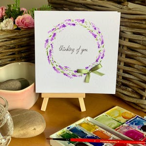 Personnalisée, faite sur commande, carte de voeux aquarelle originale peinte à la main de couronne de lavande pour les condoléances, les condoléances, en pensant à vous