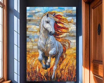Majestic white horse wall art, mosaic style painting, running horse decor, wild spirit gift, western home accent, equestrian lover art