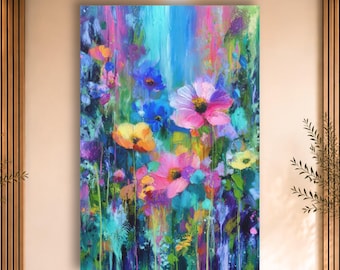 Colorful Abstract Summer Wildflower Painting Print, Canvas Wall Art, Modern Home Decor, Bold Botanical Artwork, Gift for Art Lovers