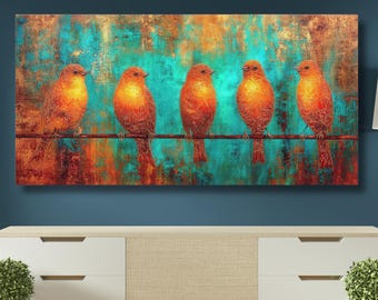 Birds on a Wire Canvas Wall Art, Colorful Bird Artwork, Modern Home Decor, Vibrant Nature Print, Gift for Bird Lovers