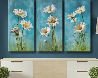 Daisy Flower Triptych, Blue Sky Floral Canvas Wall Art, 3 Panel Wildflower Print Set, Modern Country Cottage Decor