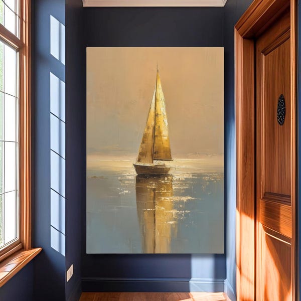 Minimalist Sailboat Canvas Art, Neutral Coastal Wall Art, Serene Ocean Painting, Calm Nautical Decor