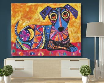 Colorful Dog Wall Art – Whimsical Modern Pet Portrait Canvas, Playful Folk Art Style, Vibrant Animal Decor