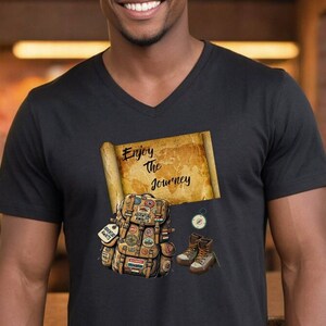 Enjoy The Journey Unisex Jersey Short Sleeve V-Neck Tee, Explore, Travel, Traveling, Hiking, Wanderlust, Wander shirt