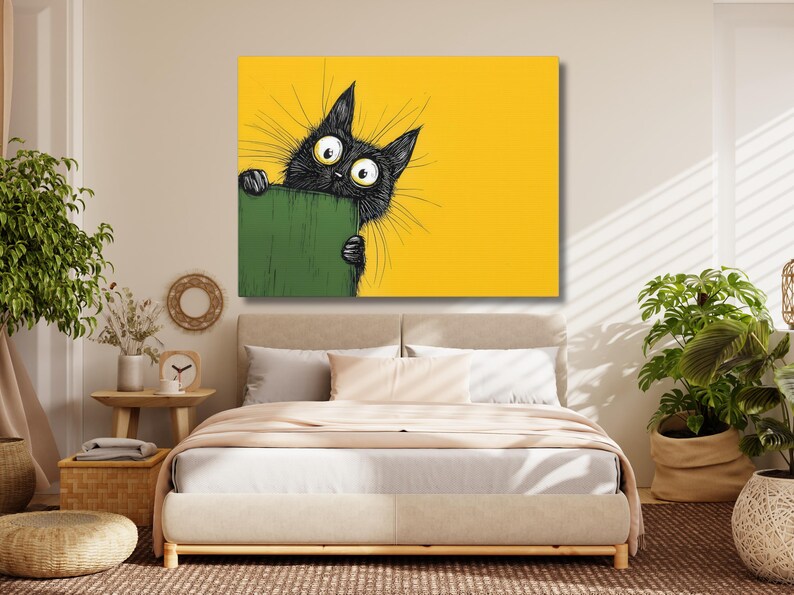 Funny Black Cat Wall Art, Quirky Cat Canvas Print, Playful Kitty Decor ...