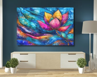 Colorful Lotus Flower, Canvas Wall Art, Vibrant Watercolor, Lotus Artwork, Zen Decor, Gift for Her, Meditation or Yoga Space