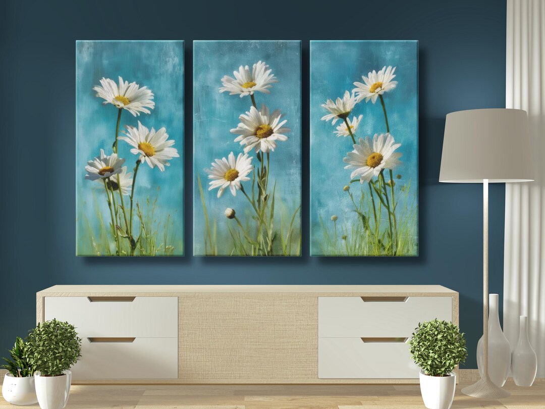 Daisy Flower Triptych, Blue Sky Floral Canvas Wall Art, 3 Panel ...