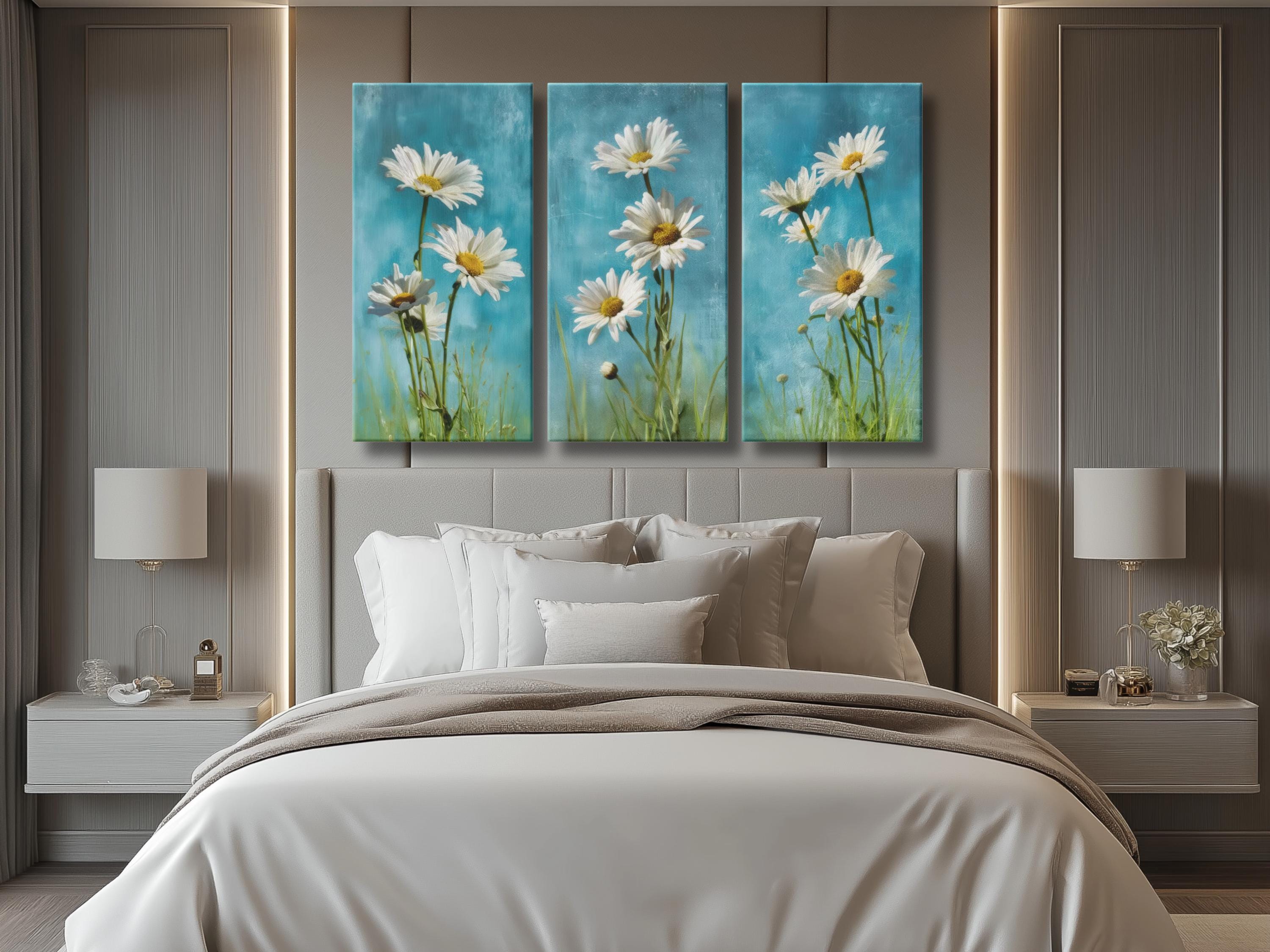 Daisy Flower Triptych, Blue Sky Floral Canvas Wall Art, 3 Panel ...