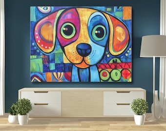May include: A colorful abstract painting of a dog's face. The dog has large, blue eyes, a yellow nose, and a blue and yellow body. The background is a mix of bright colors and geometric shapes.
