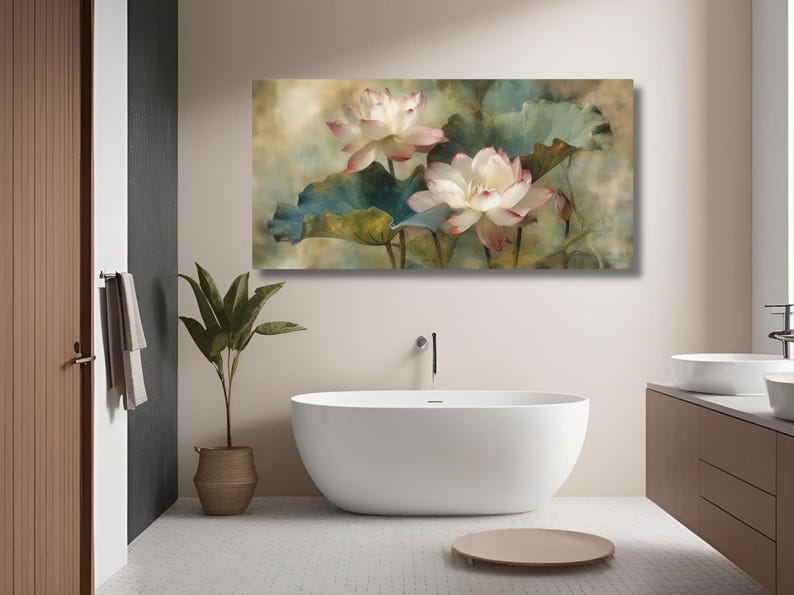 Elegant Lotus Flower Wall Art, Vintage Botanical Canvas Print, Tranquil ...