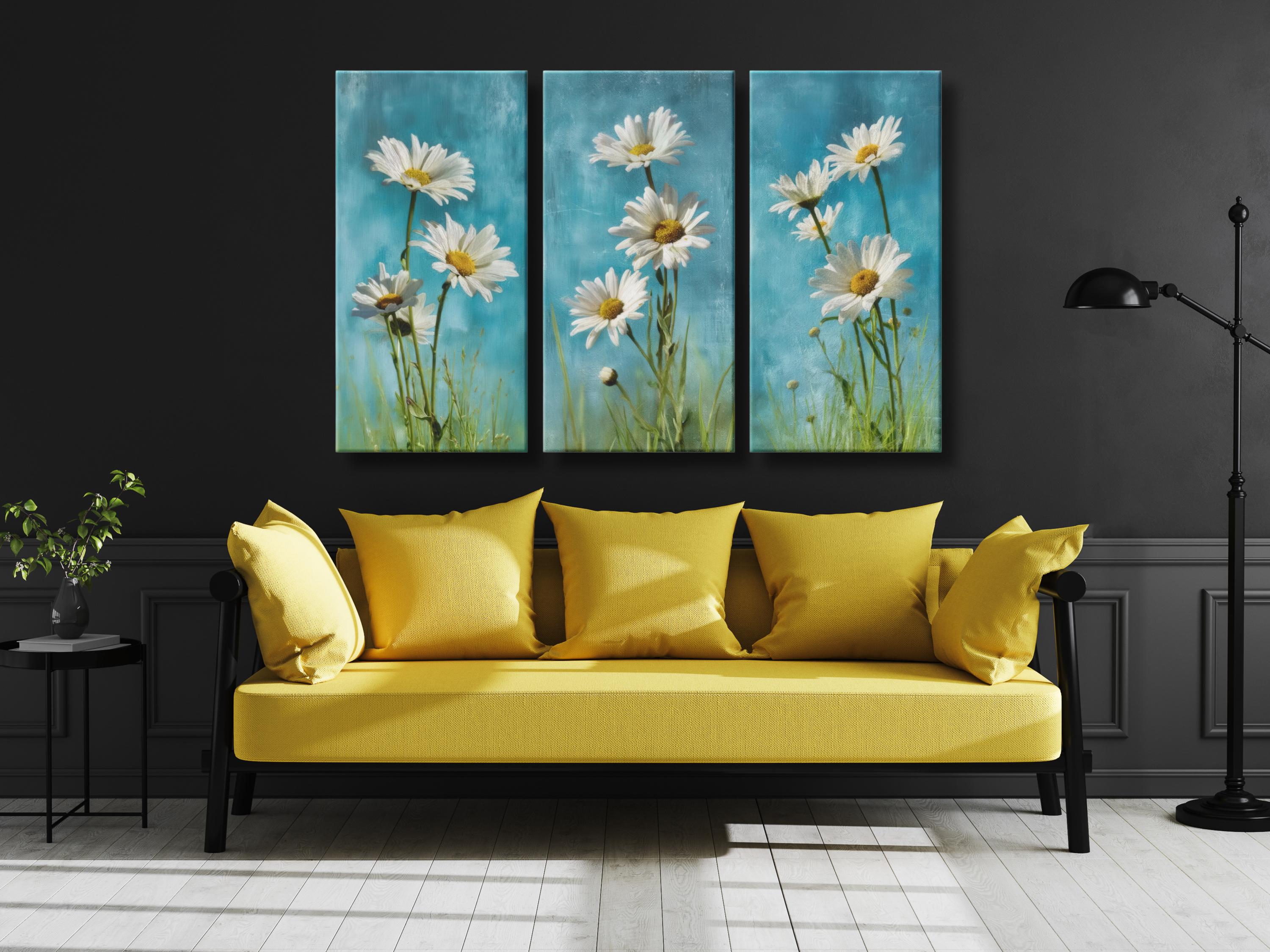 Daisy Flower Triptych, Blue Sky Floral Canvas Wall Art, 3 Panel ...