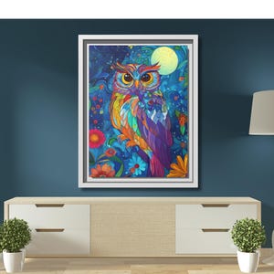 Framed Colorful Owl Wall Art – Vibrant Nocturnal Wildlife Canvas Print, Whimsical Home Decor, Unique Gift for Owl Lovers